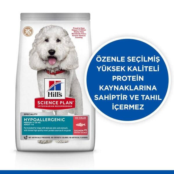 Hill's SCIENCE PLAN Hypo-Allergenic Somonlu Orta Irk Yetişkin Köpek Maması 12 Kg