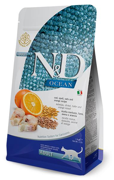 N&D Ocean Düşük Tahıllı Morina Balıklı ve Portakallı Yetişkin Kedi Maması 1,5 Kg