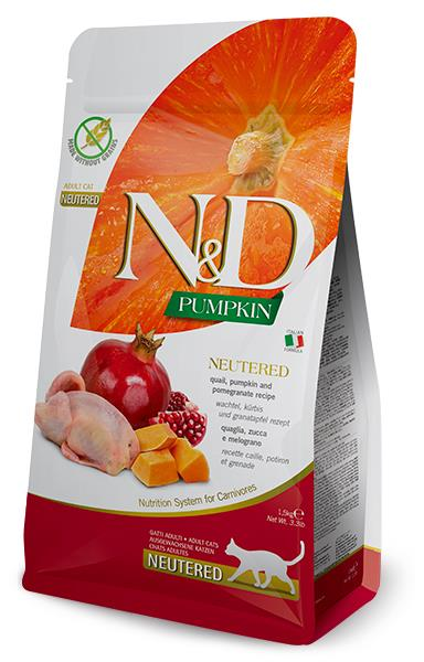 N&D Tahılsız Bal Kabağı, Bıldırcın Etli ve Narlı Kısırlaştırılmış Kedi Maması 1,5 Kg