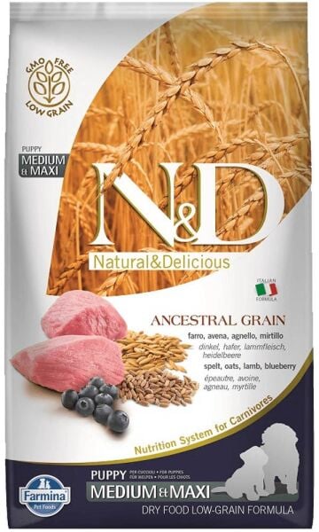 N&D Düşük Tahıllı Kuzu Etli ve Yaban Mersinli Orta ve Büyük Irk Yavru Köpek Maması 12 Kg